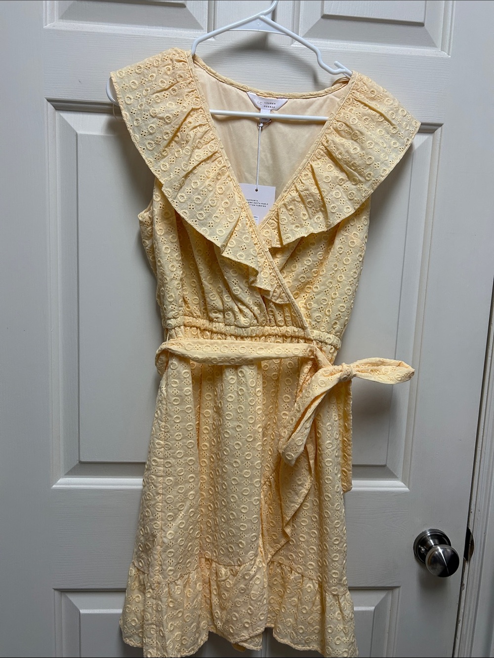 LC Lauren Conrad Yellow Eyelet Midi Dress with Ruffle Collar